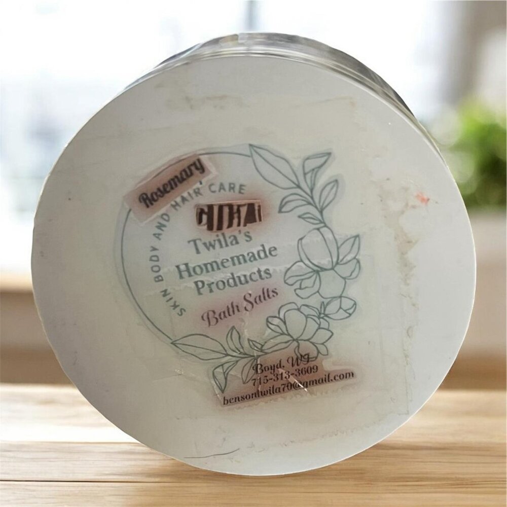 Twila's homemade bath salts in a variety of scents, including rosemary